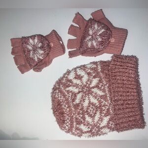 Pink and White Knit Beanie and Fingerless Gloves Set
